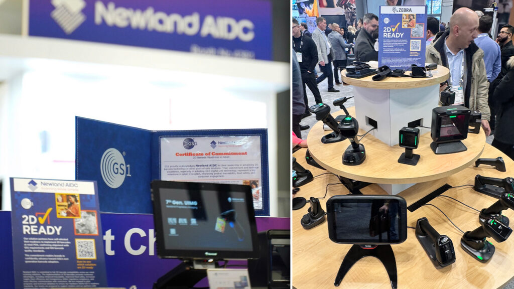 GS1 US, the nonprofit behind the barcode, is prepping for Sunrise 2027, the industry’s date to transition to accepting 2D barcodes at point-of-sale systems. Newland AIDC (left side of image) and Zebra Technologies (right side of image) showcased 2D-barcode-ready technology at NRF 2026 in New York City.