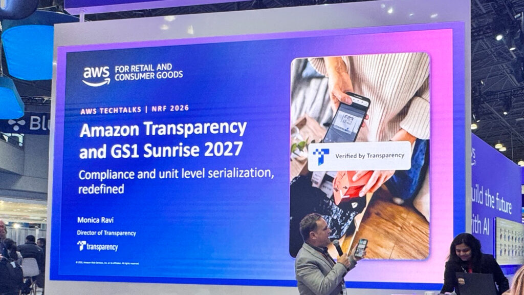 Amazon Web Services (AWS) TechTalks at NRF 2026 covering Amazon Transparency and GS1 Sunrise 2027 for 2D barcodes in packaging and supply chains.