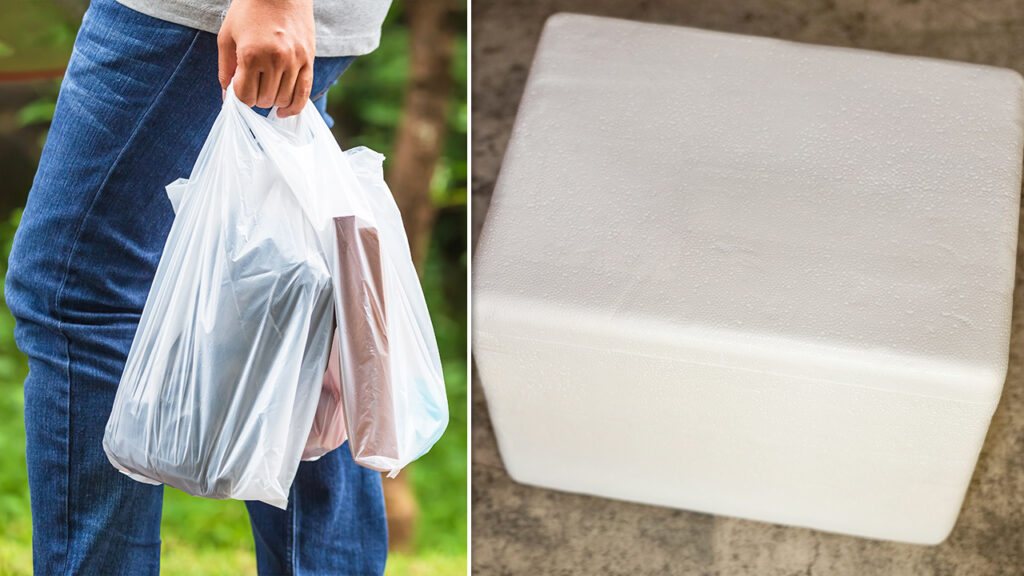 California and Washington are updating regulations for plastic carryout bags in 2026 (left side of image). New York is expanding restrictions on polystyrene food and cold storage containers (right side of image).