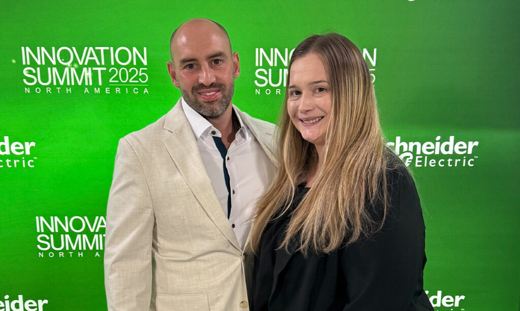 Dante Vaccaro, digital transformation consultant (on the left), with Sarah Wynn, senior editor (digital) for WTWH media's Packaging OEM and co-host of The Downtime podcast (on the right), after recording their interview about AI, edge computing, and motion control technology for packaging applications.