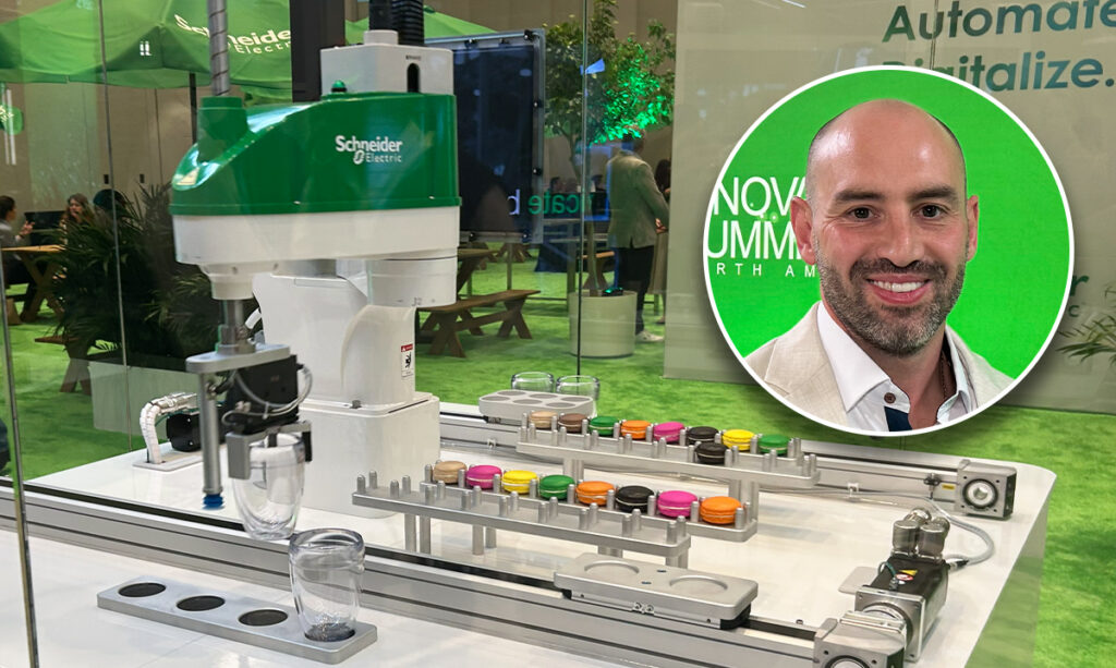 A SCARA pick-and-place robot handles macaron cookies during a demonstration at Schneider Electric’s 2025 Innovation Summit in Las Vegas (background). Dante Vaccaro (on the right), digital transformation consultant at Schneider Electric, spoke with Packaging OEM and The Downtime about how OEMs can be "AI-ready" and the "Ferrari" of motion control technology.
