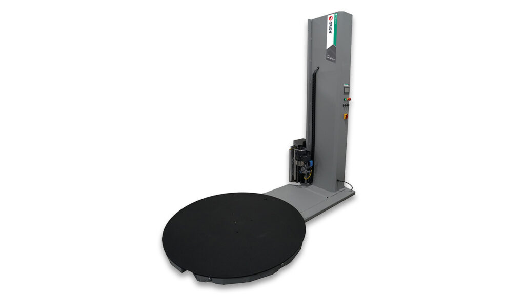 Orion Flex Legion semi-automatic stretch wrapper with all-steel tower and structural tubing, supporting loads up to 4,000 pounds and adjustable turntable speed, carriage travel, and film tension