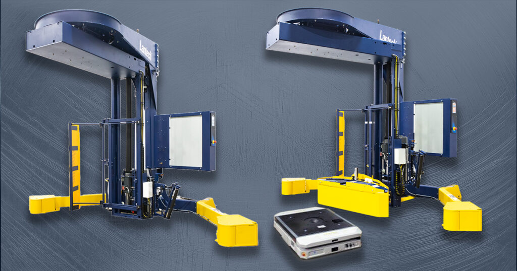 Lantech SL400 stretch wrapper (left side of image) and SL400LT AMR-integrated stretch wrapper with TurboTak technology (right side of image) for automated warehouse operations.