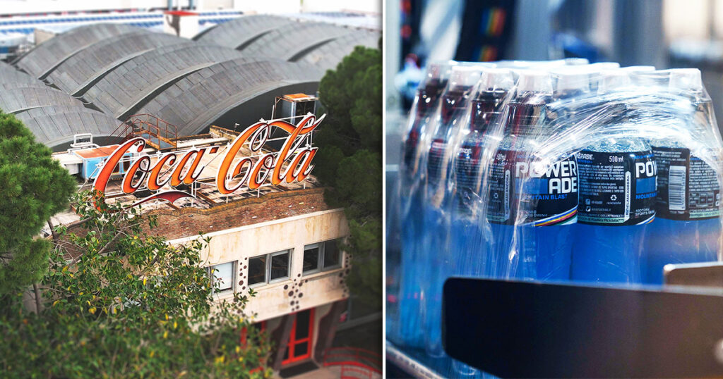 Sibeg’s Catania facility (left side of image) houses the new aseptic PET line for sensitive beverage production. Once wrapped with Sidel's EvoFilm Stretch system (right side of image), beverages are ready for palletizing. 