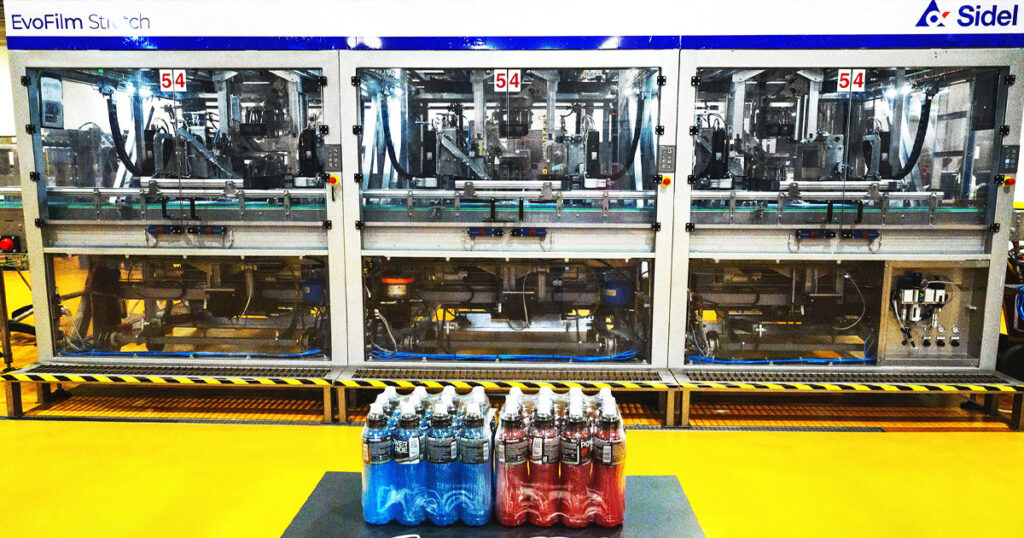 Sidel’s EvoFilm Stretch system wraps bottles at ambient conditions, reducing plastic use and saving energy compared to traditional shrink-wrapping.