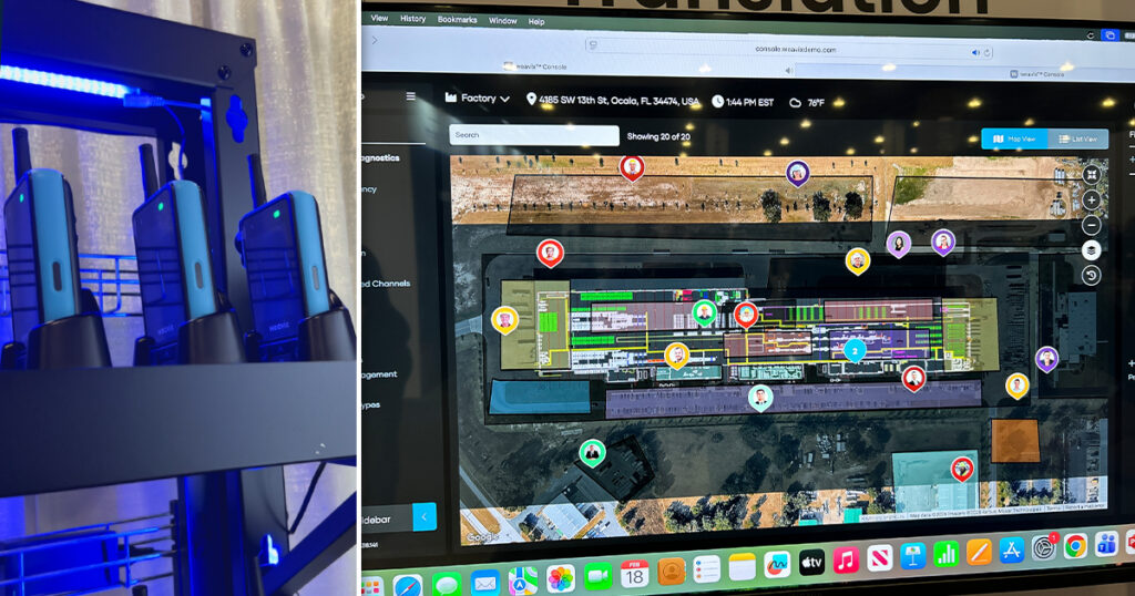 weavix's Walt Smart Radios charge and stay ready for frontline workers (left side of image). The web console monitors the plant floor for safety situations and mass alerts (right side of image).