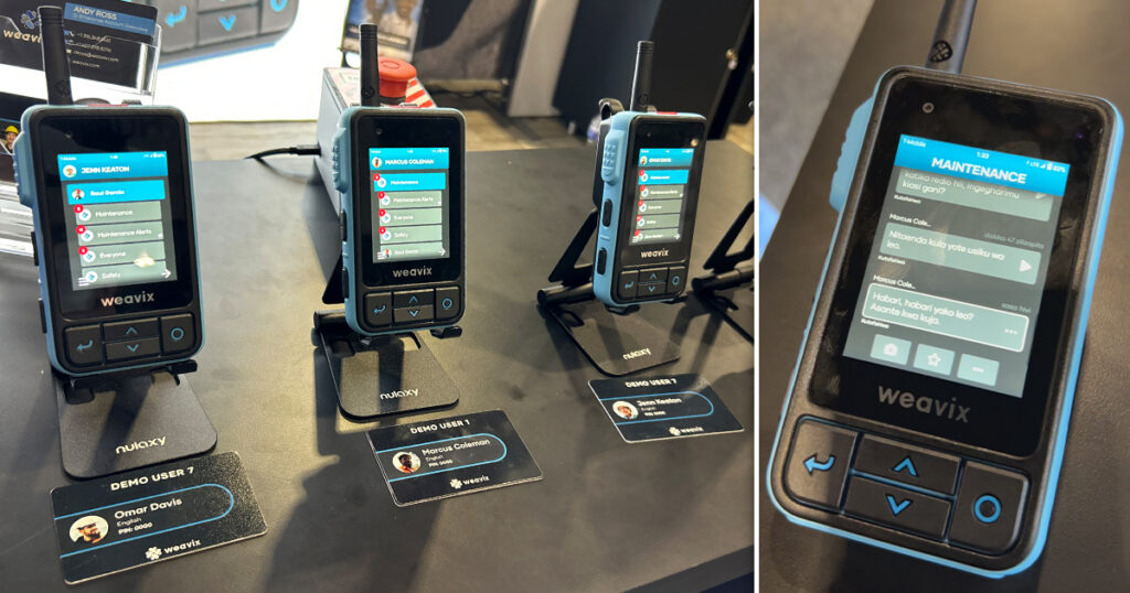 weavix's Walt Smart Radios provide AI-powered translation to connect multilingual packaging operations (left side of image). The devices translate more than 40 languages, including Swahili (right side of image).