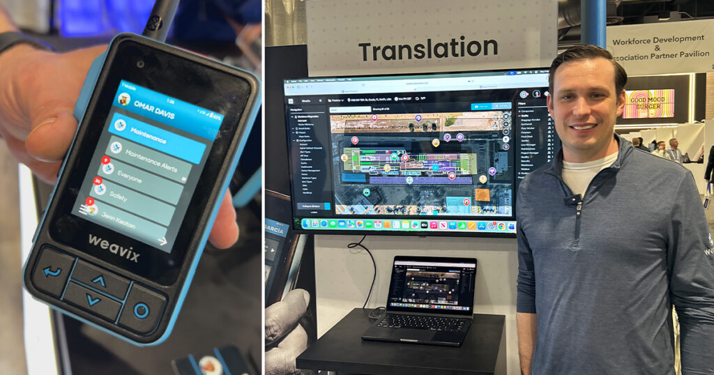 weavix's Walt Smart Radio displays maintenance alerts to keep operations running smoothly (left side of image). Ben Burrus stands in front of the web console for plant safety monitoring at Pack Expo East (right side of image).
