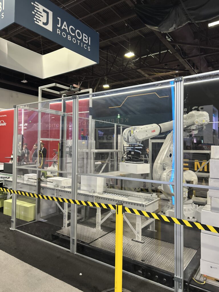 Jacobi Robotics at Modex 2026 in Atlanta, Georgia, presenting its OmniPalletizer AI software in collaboration with ABB Robotics, integrated into ABB’s robotics hardware and software portfolio for warehouse automation.