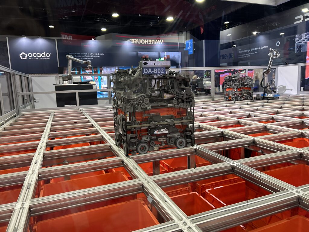 Ocado’s storage and retrieval system on display at Modex 2026 in Atlanta, Georgia, showcasing automated goods handling for warehouse operations.