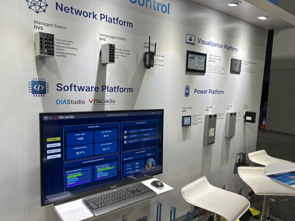 Delta Electronics Americas platforms for software, networking, visualization, and power on display at Modex 2026 in Atlanta, Georgia, including DIAStudio and VTScada, along with managed and unmanaged switch solutions.