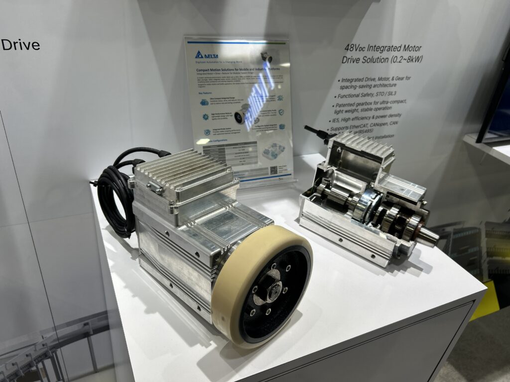 Delta Electronics Americas 48V DC integrated motor drive solution on display at Modex 2026 in Atlanta, Georgia, designed for compact and efficient motion control applications.