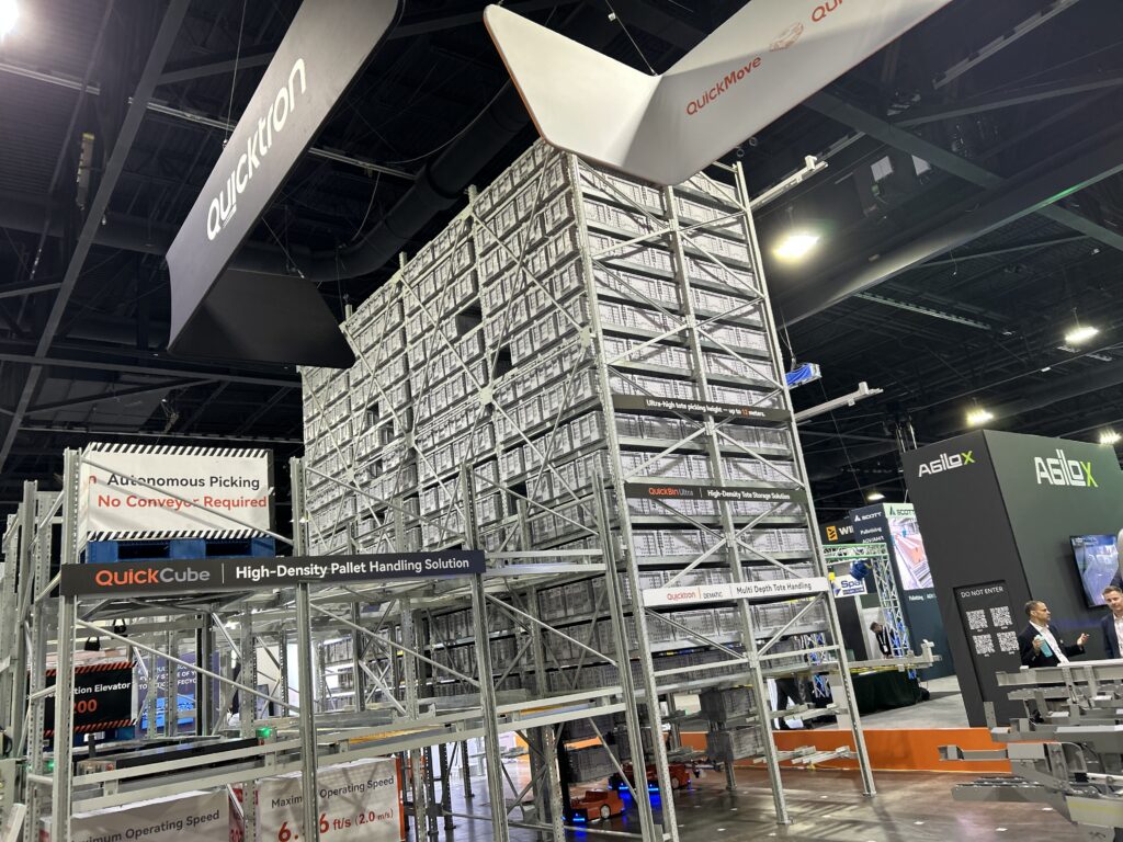 Quicktron Robotics QuickCube E200 elevator system on display at Modex 2026 in Atlanta, Georgia, designed for automated goods movement in warehouse environments.