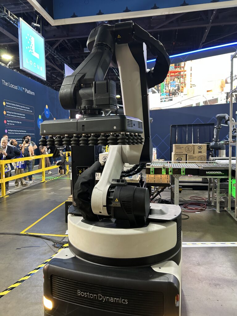 Boston Dynamics Stretch robot for warehouse operations, designed to keep the flow of goods moving, on display at Modex 2026 in Atlanta, Georgia.