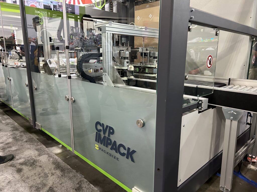 Packsize CVP Impack automated packaging system at Modex 2026 in Atlanta, Georgia, designed to produce right-sized boxes for fulfillment operations.