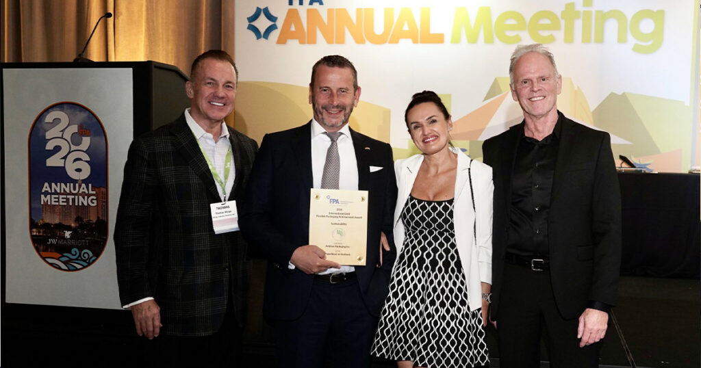 AirWave Packaging’s PaperWave air cushions, a Gold Sustainability Award winner, shown with award presenters. From left to right: Thomas Blaige, Blaige Industry Analytics LLC; Marc and Suzana Rapp, AirWave Packaging Inc.; and Dan Felton, president and CEO of the Flexible Packaging Association.