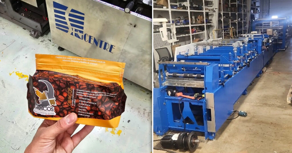 Sun Centre USA’s POUCH3 Cuboid format, shown at left, alongside equipment used to run the pouch on existing lines at the company’s Crystal Lake, Illinois, facility, designed to reduce material use by eliminating excess headspace while improving filling, shipping, and shelf presentation.