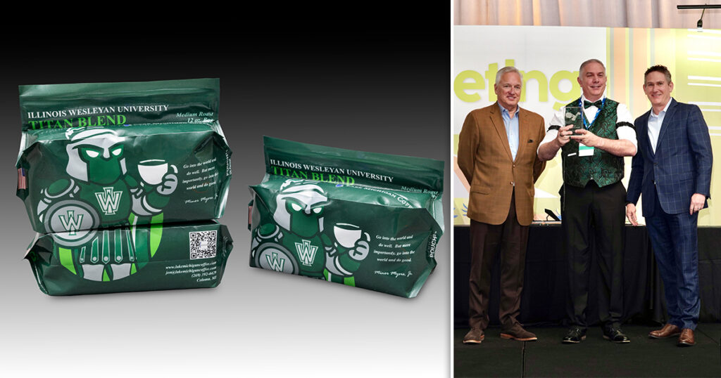 Sun Centre USA’s POUCH3 Cuboid format, shown at left, won the Flexible Packaging Association’s Highest Achievement Award, along with Gold awards for packaging excellence and expanding the use of flexible packaging. At right, from the award ceremony: Kevin Keneally, PPC Flex and vice-chair of the FPA Board of Directors; Jim Pease, Sun Centre USA Inc.; and Russell Grissett, Sealed Air Corporation and chair of the FPA Board of Directors.