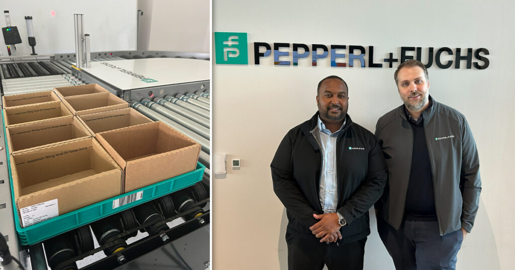 Packaging OEM toured the Pepperl+Fuchs industrial sensor lab in Twinsburg, Ohio (left side of image). While on site, we spoke with Gerry Paci, market manager for Pepperl+Fuchs’ material handling group, and Zachary Steck, market specialist for AGV and AMR applications (right side of image), about sensing technologies, zone-based conveyor control, and material handling automation for packaging lines.
