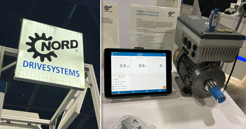 Packaging OEM met with NordDrivesystems at Modex 2026 in Atlanta Georgia. The photo on the left side of the image shows NordDrivesystems' signage, while its NordCon software is shown on the right side of the image. Nord offers digital tools for remote service and drive system support.