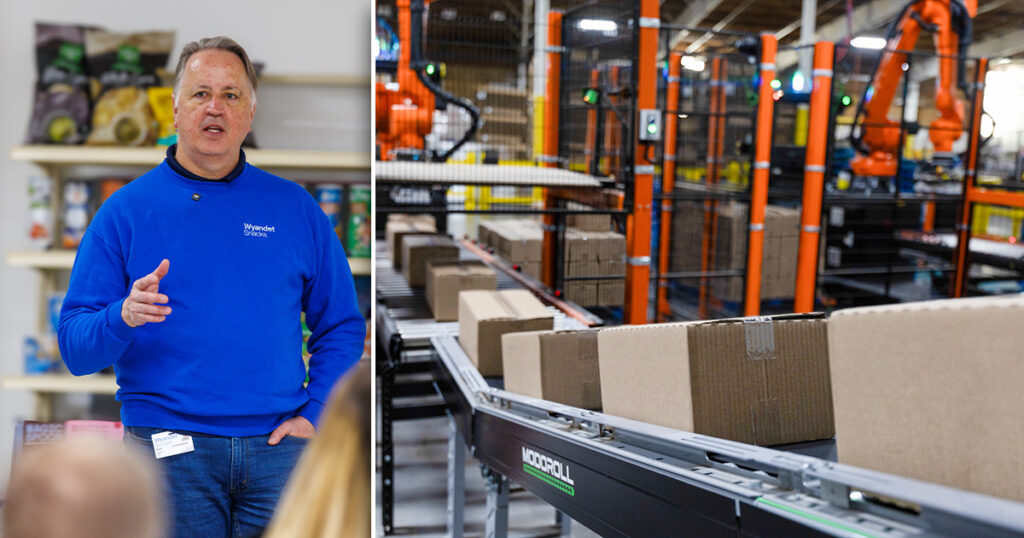 Jaap Langenberg, CEO of Wyandot Snacks, speaking on-site about automation, workforce growth, and scaling production in a legacy facility (left side of image). End-of-line conveyors transporting boxes of snack products through the Wyandot packaging line for palletizing (right side of image).