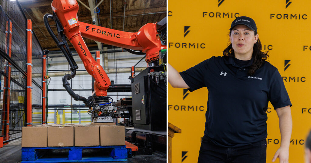 Kuka robotic palletizing cell handling end-of-line case packing for snack production at Wyandot Snacks (left side of image). Danielle Vigent, Formic solutions engineer, speaking on-site during the Wyandot installation and integration of robotic palletizing systems (right side of image).