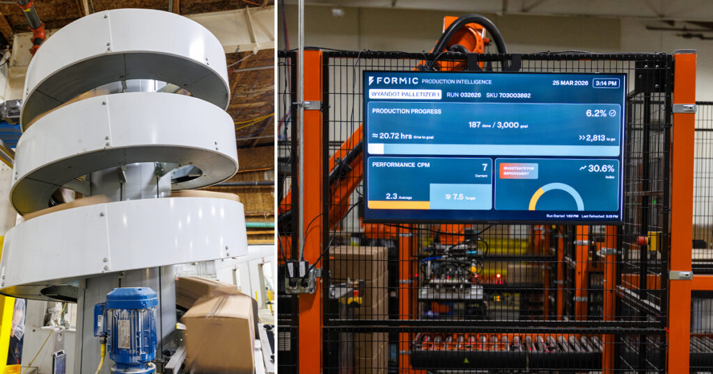 Spiral conveyor integrated into Wyandot Snacks’ end-of-line packaging line (left side of image). Production intelligence dashboard monitoring robotic palletizing performance, uptime, and throughput at the Wyandot facility (right side of image)