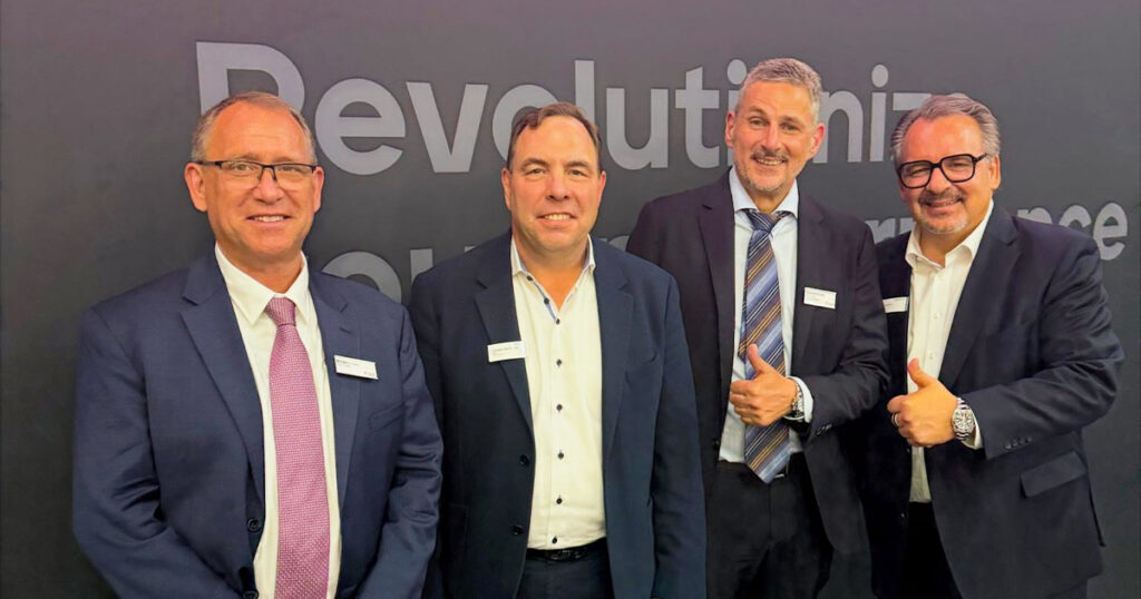 From left to right: Brian Vincent, president and CEO of Combi Packaging; Christian Wiethuechter, president and CEO of EAM Mosca Corporation; Konstantinos Marinakis, CEO of Siat Group; and Timo Mosca, CEO of GroupMosca, following the announcement of a strategic cooperation agreement at Interpack 2026 in Düsseldorf, Germany.