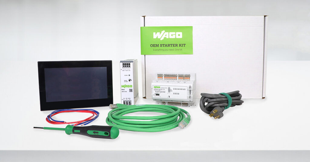 WAGO OEM Starter Kit for automation applications includes Compact Controller 100, Visual Panel 200 HMI, 5-amp power supply, Ethernet cable, power cord, and Cage Clamp operating tool for machine builders.