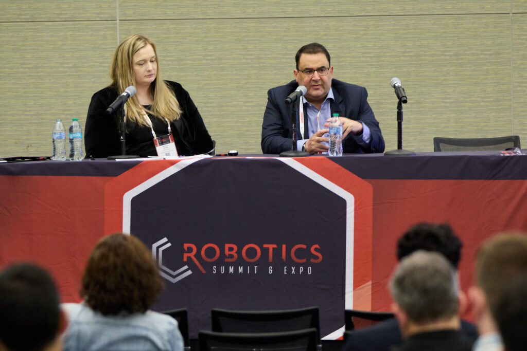 Sarah Wynn, senior editor at Packaging OEM, interviews Omar Asali, chairman & CEO of Ranpak, on stage at the Robotics Summit & Expo in Boston, discussing physical AI and warehouse robotics. Photo source: Jeff Pinette