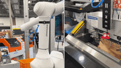 PAC Machinery's R3200 integrated with CMES Robotics’ artificial intelligence (AI)-driven technology for bagging (right). The technology was demonstrated at Pack Expo Las Vegas 2025.