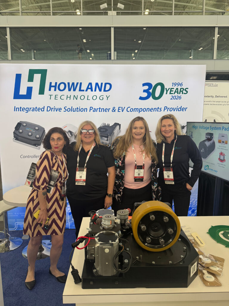 Howland Technology showcased a variety of integrated drive solutions at the 2026 Robotics Summit & Expo in Boston. Pictured from left to right are Sheri Kasprzak, executive editor at Control Engineering and Plant Engineering; Stephania Holland, president of Howland Technology; Carolina Kelly, sales engineer at Howland Technology; and Sarah Wynn, senior editor at Packaging OEM.