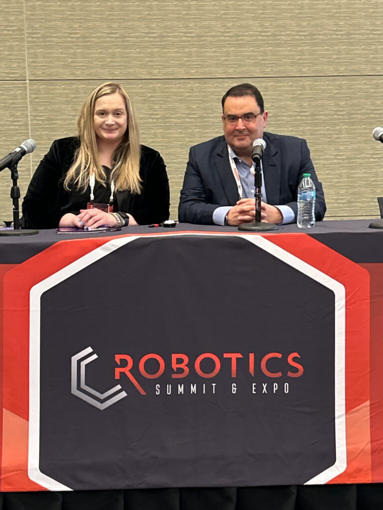 Sarah Wynn, senior editor at Packaging OEM (left side of image), and Omar Asali, chairman and CEO of Ranpak (right side of image), speak on stage following their session on the promise and reality of physical AI in warehouse automation at the 2026 Robotics Summit & Expo in Boston.