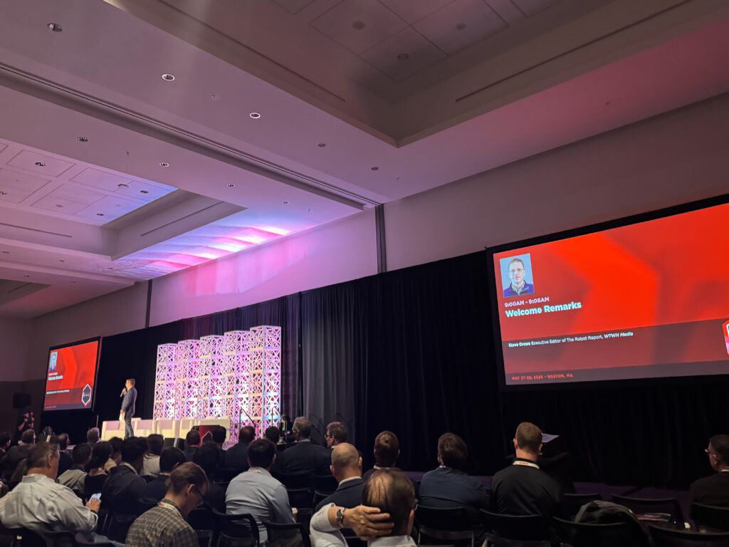 Steve Crowe, chair of the Robotics Summit and executive editor of The Robot Report, delivers welcome remarks to open the conference at the Robotics Summit & Expo in Boston.