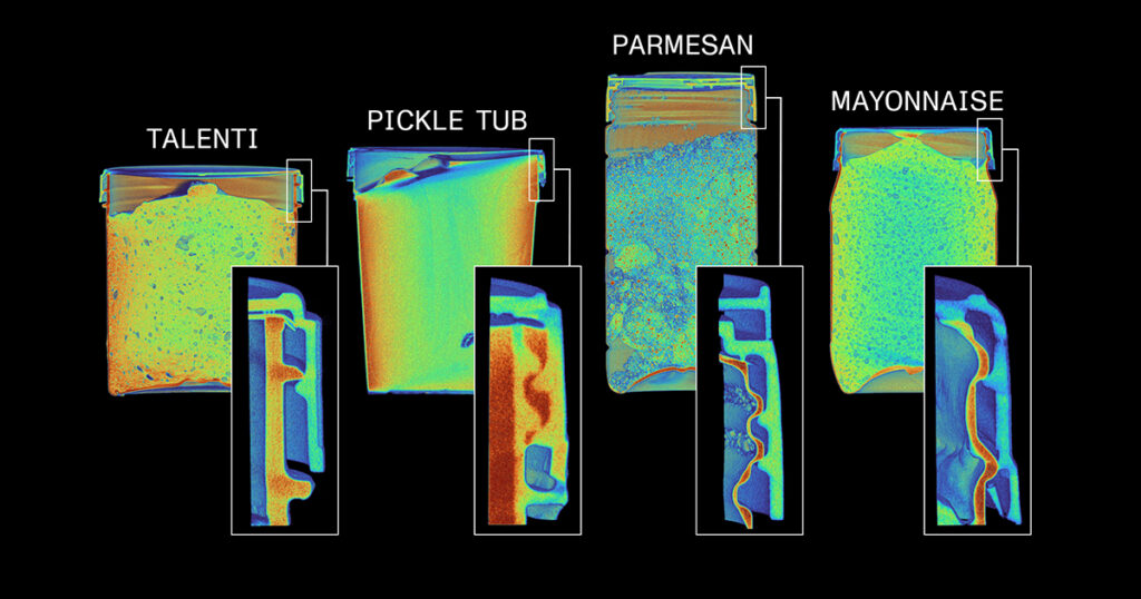 CT scan comparison showing variations in thread geometry across multiple plastic tub packages. Brine is visible between the threads of the leaking pickle container.