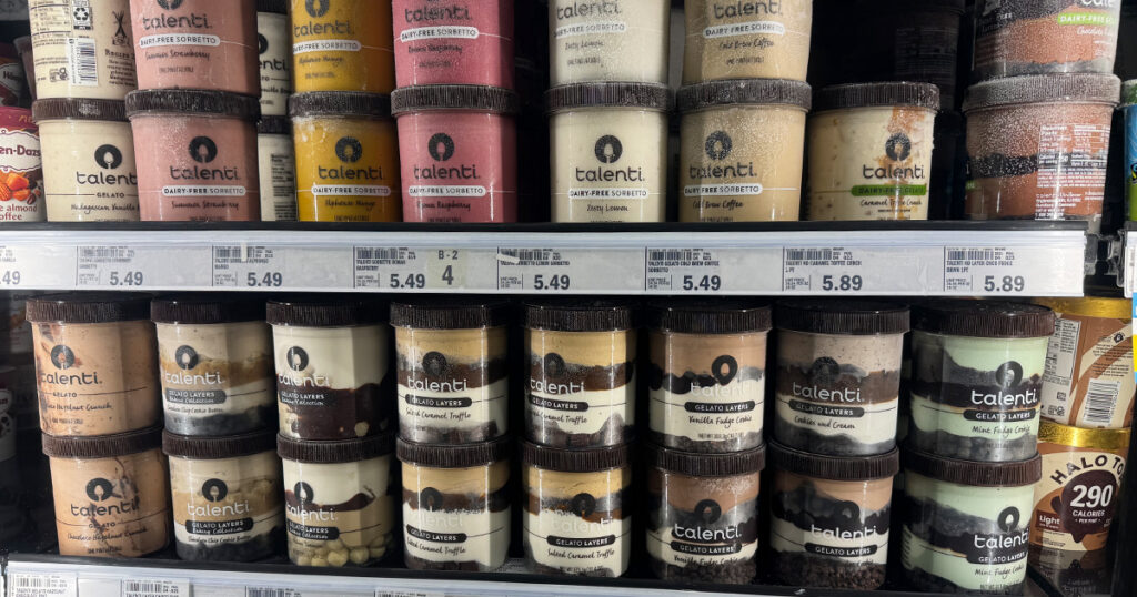 Talenti gelato containers sit alongside other frozen dessert packages. Lumafield used CT scanning to examine the container and lid assembly.