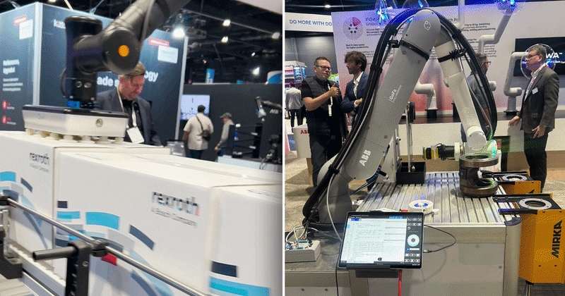 Robotics demonstrations at the Kassow Robots (left side of image) and ABB (right side of image) booths showcased automation technologies featured at Automate 2026.