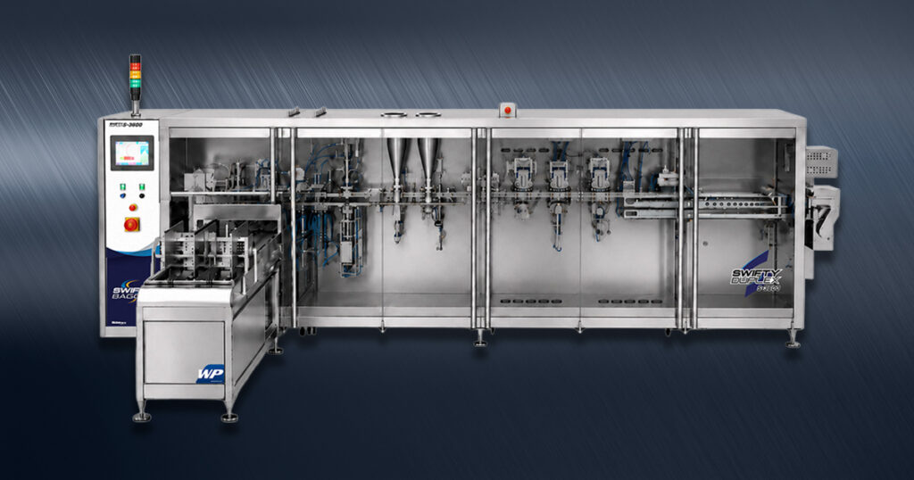WeighPack Systems’ Swifty S-3600 Duplex pouch packaging machine features dual-lane handling, servo-driven motion control, and straight-line filling and sealing stations for premade pouch applications.