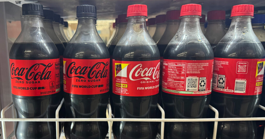 Coca-Cola and Coca-Cola Zero Sugar bottles with peel-off collectible stickers are displayed on an Ohio retail shelf as part of the company’s FIFA World Cup packaging campaign.