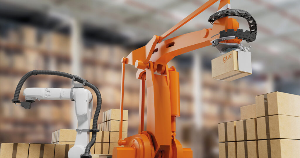 The igus twisterchain energy chain supports cable management on compact industrial robots with rotation angles of more than 600°.