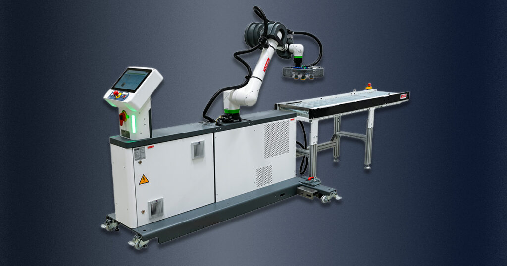 FlexLink’s RC20 collaborative palletizing cell features a FANUC CRX20 robot arm and a compact footprint for end-of-line applications.