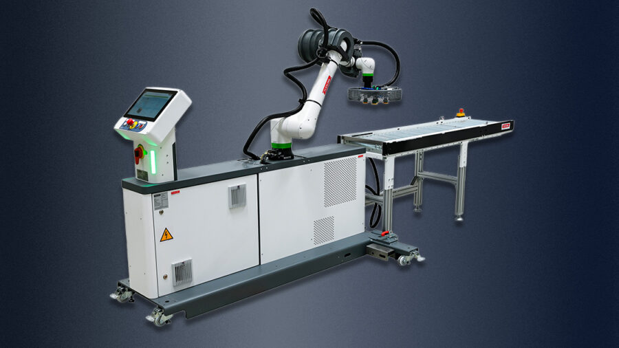 FlexLink’s RC20 collaborative palletizing cell features a FANUC CRX20 robot arm and a compact footprint for end-of-line applications.