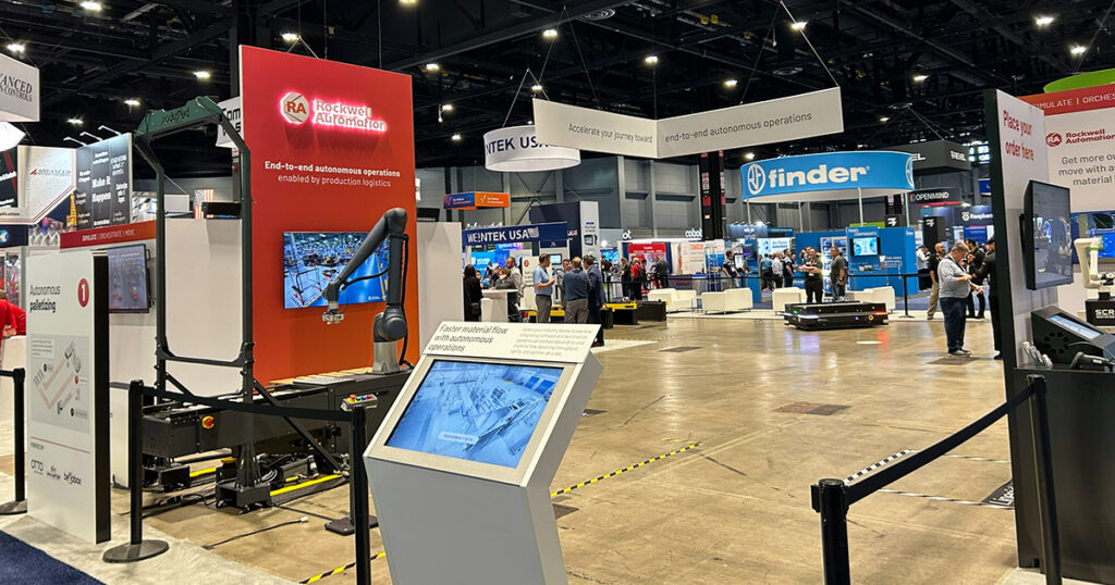 Rockwell Automation’s OTTO autonomous mobile robot moves through its Automate 2026 booth in Chicago.