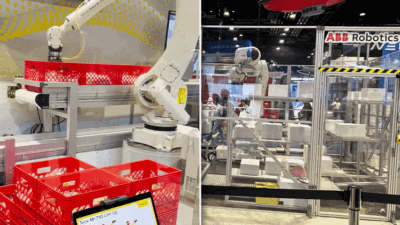 FANUC’s R-50iA controller and palletizing robot are shown on the left, while ABB Robotics’ robotic automation demonstration is shown on the right at Automate 2026.