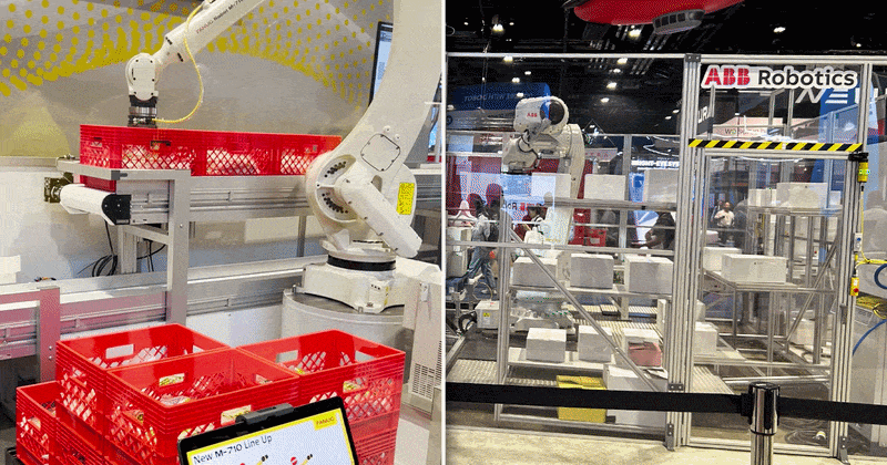 FANUC’s R-50iA controller and palletizing robot are shown on the left, while ABB Robotics’ robotic automation demonstration is shown on the right at Automate 2026.