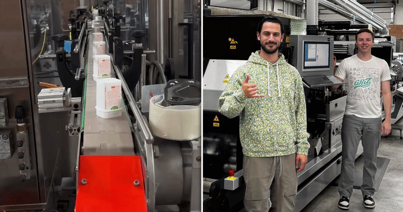 Calyx Containers uses an automated packaging line to move cannabis containers through production (left side of image), while co-founders Simon Knobel and Alex Gonzalez discuss the company’s cannabis packaging solutions (right side of image).
