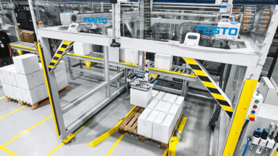 Festo FPaKit pre-engineered gantry system is designed to simplify palletizing integration and reduce commissioning work for packaging OEMs.