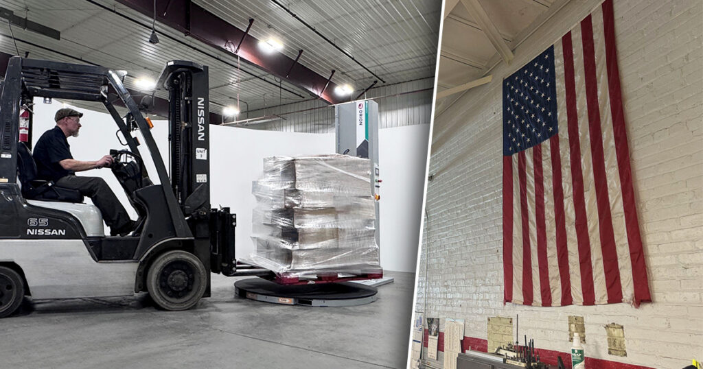 An Orion Packaging employee operates a Flex Legion stretch wrapper (left side of image). An American flag hangs on the shop floor at Triangle Package Machinery’s Chicago facility, which assembles bagging, weighing, and cartoning equipment (right side of image).