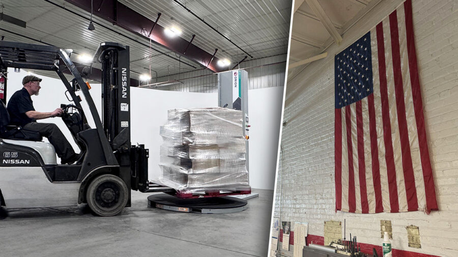 An Orion Packaging employee operates a Flex Legion stretch wrapper (left side of image). An American flag hangs on the shop floor at Triangle Package Machinery’s Chicago facility, which assembles bagging, weighing, and cartoning equipment (right side of image).