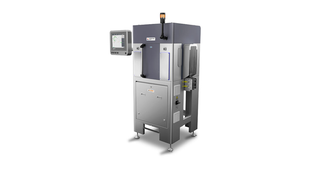 Antares Vision Group’s IE4000 PLUS uses artificial intelligence and four cameras for 3D label inspection, checking label presence, position, integrity, codes, and alignment on cylindrical containers.